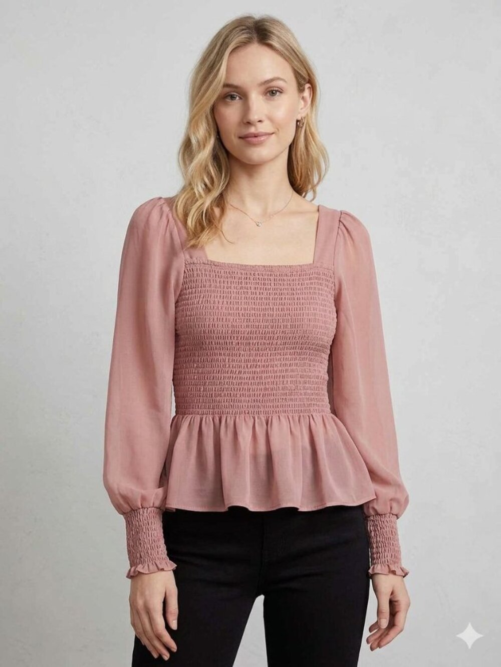 Nine West pink smocked puff, long sleeve blouse, size XS